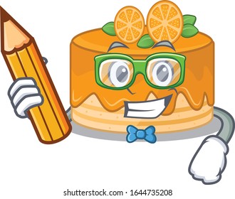 A smart Student orange cake character holding pencil
