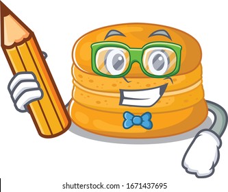 Un estudiante inteligente, un personaje de un macarón naranja con un lápiz y gafas