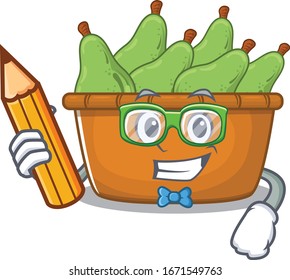 Ein kluger Schüler-Birnen-Fruchtkasten-Charakter mit Bleistift und Brille