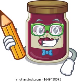 A smart Student plum jam character holding pencil