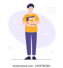 Smart student prepares for an exam. Young smiling man holds textbooks in his hands. Vector illustration