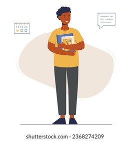 Un étudiant intelligent se prépare pour un examen. Jeune homme étudie les manuels. Un étudiant tient des livres dans les mains. Illustration vectorielle
