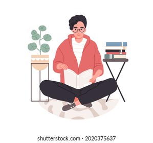 Smart student preparing for exam at home. Young man in eyeglasses studying and reading textbooks. Reader sitting on floor and learning. Flat vector illustration isolated on white background