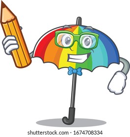 A smart student rainbow umbrella character with a pencil and glasses