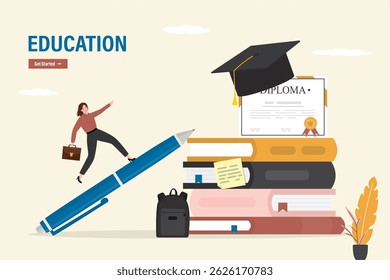 Smart student runs along huge pen onto stack of textbooks to diploma and graduation hat. Smart woman receiving degree, finishing school. Improving skills, career ladder. Education, learning process.