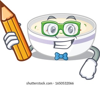 A smart Student steamed egg character holding pencil