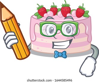 A smart Student strawberry cake character holding pencil