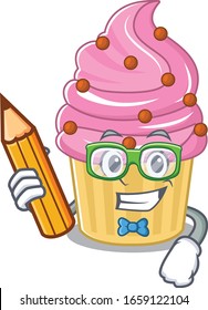 A smart Student strawberry cupcake character holding pencil
