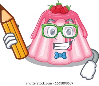 A smart Student strawberry jelly character holding pencil
