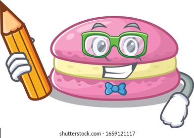 A smart Student strawberry macarons character holding pencil
