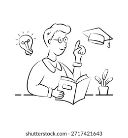 Estudiante inteligente estudiando libros y logrando un gran éxito, ilustración moderna