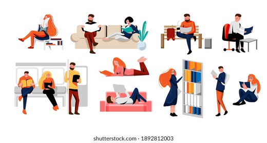 Smart student studying or people book lover reading set. Modern literature fan or young reader reading book learning in transport, park, library, home vector illustration isolated on white background