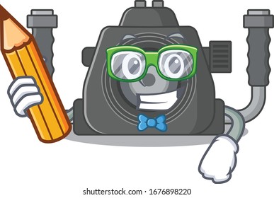 A smart student underwater camera character with a pencil and glasses