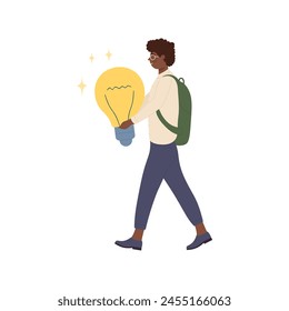 Kluge Schüler gehen, tragen helle Glühbirne, finden kreative Idee Vektorillustration