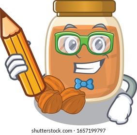 A smart Student walnut butter character holding pencil