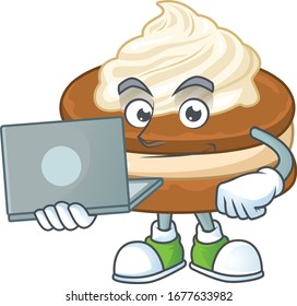 smart student of white cream alfajor using a laptop