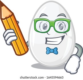 A smart Student white egg character holding pencil