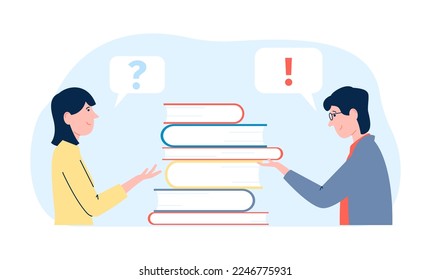 Smart students with books find answers, exam preparation concept with flat girl and boy. Scientists or readers, book pile and library people vector scene