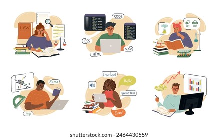 Smart students characters studying in home conditions