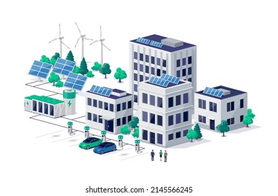 Smart sustainable eco city with residential downtown buildings and renewable solar wind power station with battery energy storage. Electric cars charging near house, work offices and business center. - Shutterstock ID 2145566245