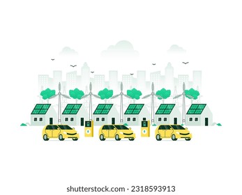 Smart and sustainable eco city with residential and commercial buildings, powered by solar and wind energy. Battery storage ensures reliable energy supply. Vector illustration with minimalist color.