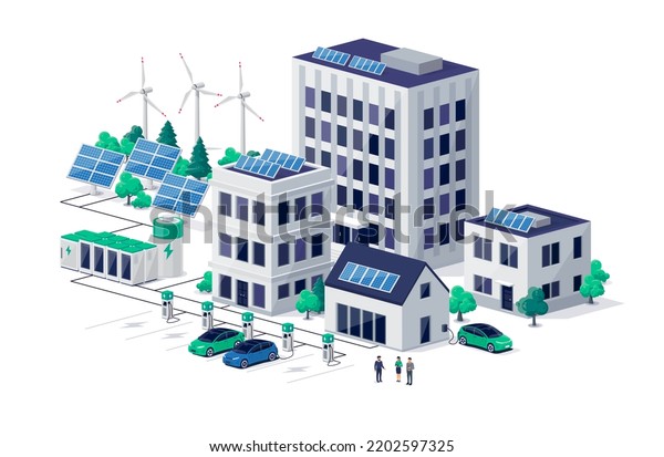 Smart sustainable eco city with residential\
downtown buildings and renewable solar wind power station with\
battery energy storage. Electric cars charging near house, work\
offices and business\
center.