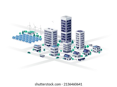 Smart Sustainable Modern Eco City With Commercial Residential Buildings And Renewable Solar Wind Power Plant With Battery Energy Storage. Family Houses, Work Offices And Business Center Skyscrapers.