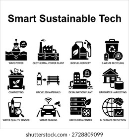 Conjunto de ícones de tecnologia sustentável inteligente. Símbolos de Tecnologia Verde, IoT e Energia Renovável. Ilustração de vetor