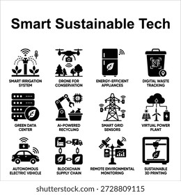 Smart Sustainable Technology Icon Set. Green Tech, IoT, and Renewable Energy Symbols. Vector Illustration