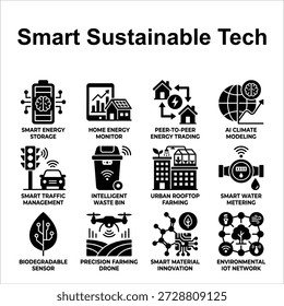 Smart Sustainable Technology Icon Set. Green Tech, IoT und Symbole für erneuerbare Energien. Vektorgrafik