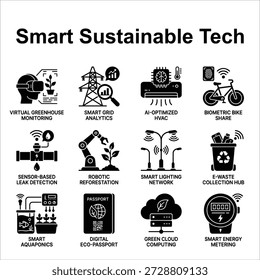 Smart Sustainable Technology Icon Set. Green Tech, IoT, and Renewable Energy Symbols. Vector Illustration