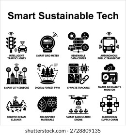 Conjunto de ícones de tecnologia sustentável inteligente. Símbolos de Tecnologia Verde, IoT e Energia Renovável. Ilustração de vetor