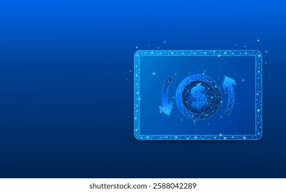 Smart tablet with digital currency with circular arrows returning cash. 3D money in light blue futuristic style on phone screen and growth chart.