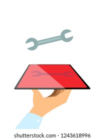 Smart Tablet with Wrench. Technical Service Theme Vectoral Illustration. White Background Isolated.