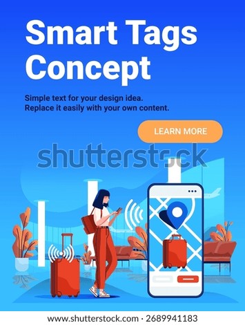 Smart tags concept luggage tracking airport woman using smartphone digital location map mobile app suitcase wireless signal modern blue background
