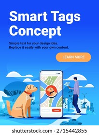 Smart tags concept pet tracking technology dog owner using smartphone GPS map collar wireless connection outdoor blue background website banner