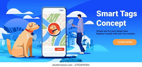 Etiquetas inteligentes tecnología de seguimiento de mascotas ubicación de perros App móvil usuario al aire libre mapa digital Anuncio de Sitio web de fondo azul