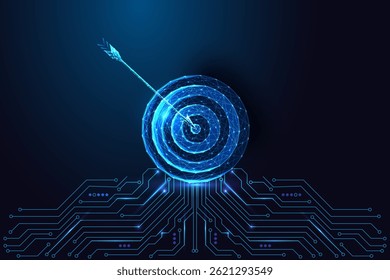 Alvo inteligente e conceito de estratégia de negócios de IA com olho de touro poligonal brilhante e seta conectada à placa de circuito em fundo azul escuro. Estilo de poli baixo futurista, ilustração vetorial abstrata.