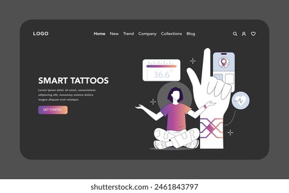 Smart tattoos night or dark mode web or landing page. A meditative figure with smart tattoos that track health metrics, showcasing the blend of tradition and tech. Vector illustration.