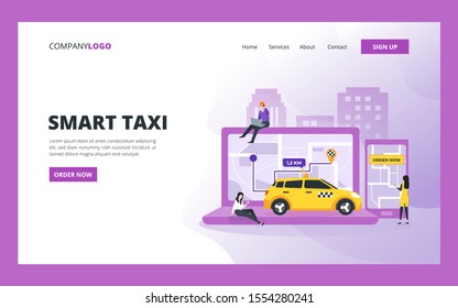 Smart taxi landing page design template. Car sharing service and online city transportation concept for website and mobile website development