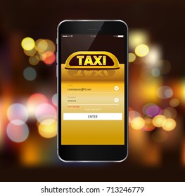  Smart taxi service application concept, car with neon taxi sign. Mobile phone concept, mock-up taxi app. Vector illustration