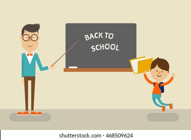 Smart teacher in glasses is standing near a blackboard with a cute student. Back to school concept. Vector illustration flat design.