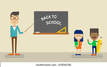 Smart teacher in glasses is standing near a blackboard with two cute students. Back to school concept. Vector illustration flat design.