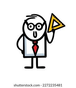Smart teacher with glasses and a triangular ruler in his hand tells a math lesson. Vector illustration of a funny science stickman.
