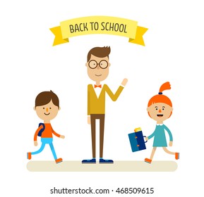 Smart teacher in glasses with two little students. Ribbon banner with text. Back to school concept. Vector illustration flat design.