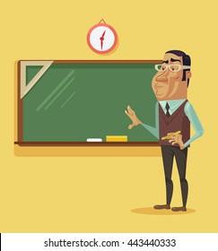 Smart teacher standing near blackboard. Vector flat cartoon illustration