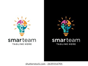 Smart team logo design puzzle icon. People, family, together, human, unity, light bulb logo and design, graphic vector illustration. Symbol, icon, creative.	