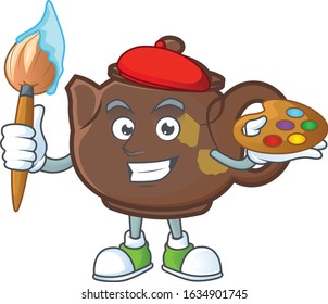 Smart teapot painter mascot icon with brush