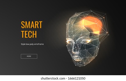 Smart tech low poly wireframe landing page template. Robotics web banner. 3d human head model polygonal illustration. Intelligent machine, humanoid, robot mesh art homepage design layout