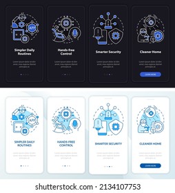 Smart tech for seniors night and day mode onboarding mobile app screen. Walkthrough 4 steps graphic instructions pages with linear concepts. UI, UX, GUI template. Myriad Pro-Bold, Regular fonts used